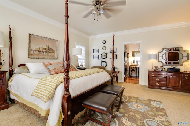bedroom featuring carpet flooring, ceiling fan, and crown molding