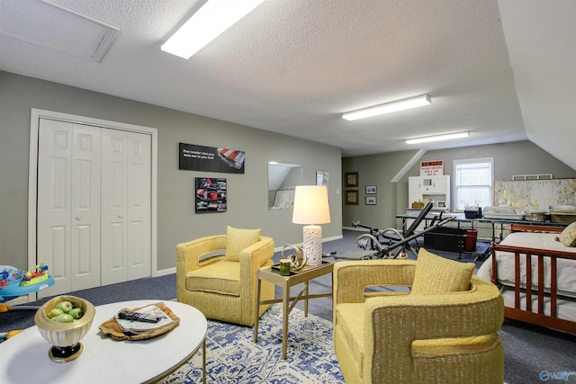 living area with vaulted ceiling, carpet, and a textured ceiling