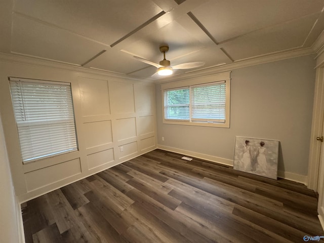 2205 Euclid Rd, Huntsville, AL 35810 - empty room with coffered ceiling, a decorative wall, ornamental molding, a ceiling fan, and baseboards