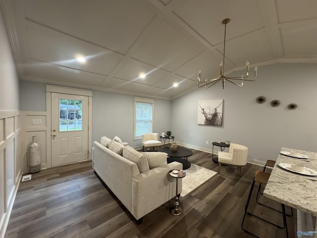 2205 Euclid Rd, Huntsville, AL 35810 - living room with dark wood-type flooring, a chandelier, lofted ceiling, baseboards, and recessed lighting