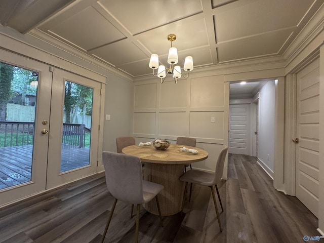 2205 Euclid Rd, Huntsville, AL 35810 - dining area featuring a decorative wall, dark wood-style flooring, a chandelier, ornamental molding, and coffered ceiling