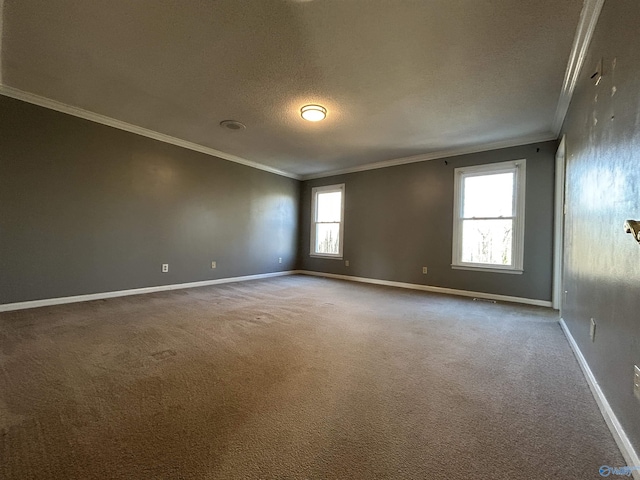 unfurnished room featuring carpet flooring, crown molding, and a textured ceiling