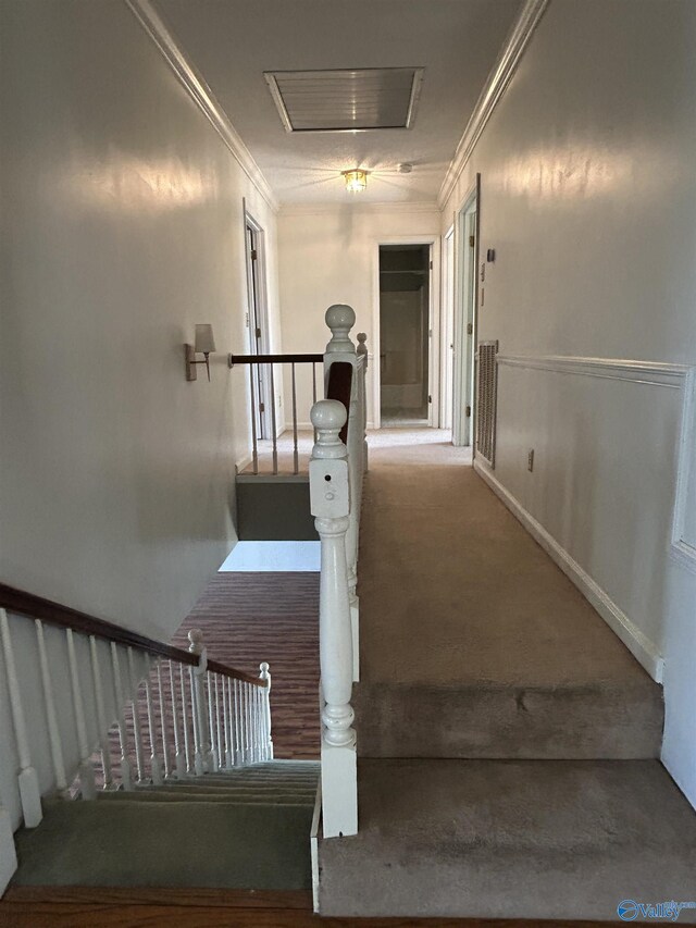 stairs featuring ornamental molding