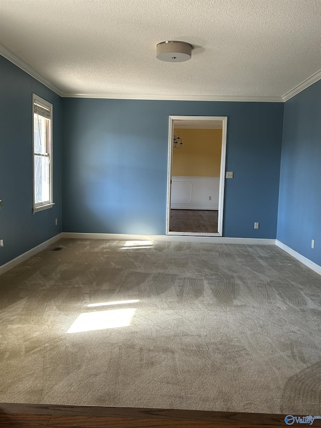 carpeted empty room with crown molding and a textured ceiling