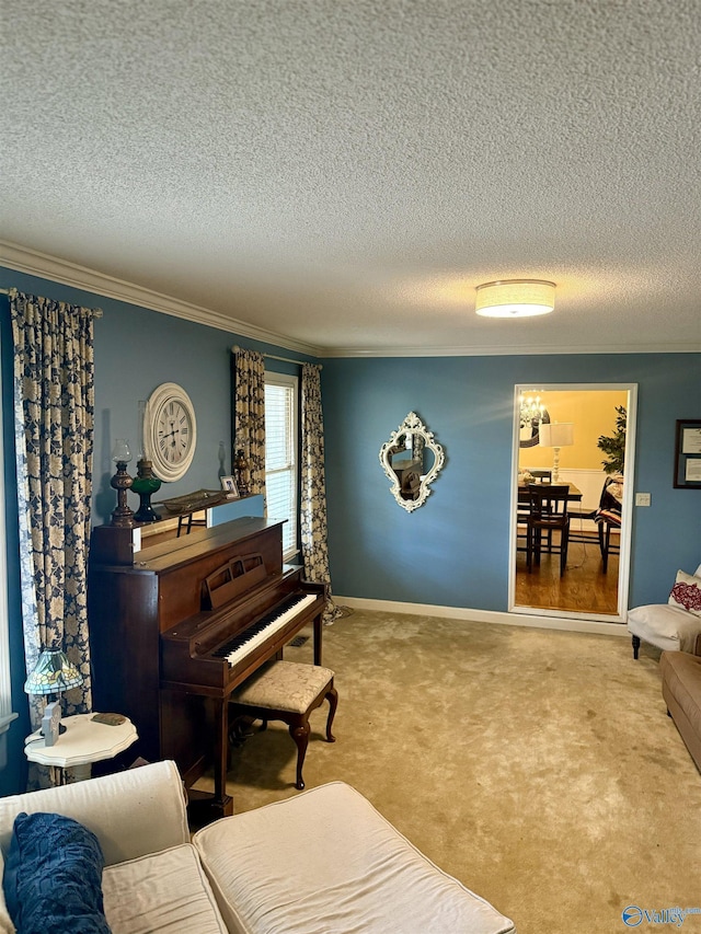 interior space with carpet, crown molding, and a textured ceiling