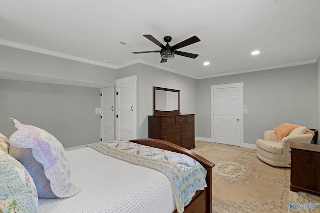 bedroom with ceiling fan and ornamental molding