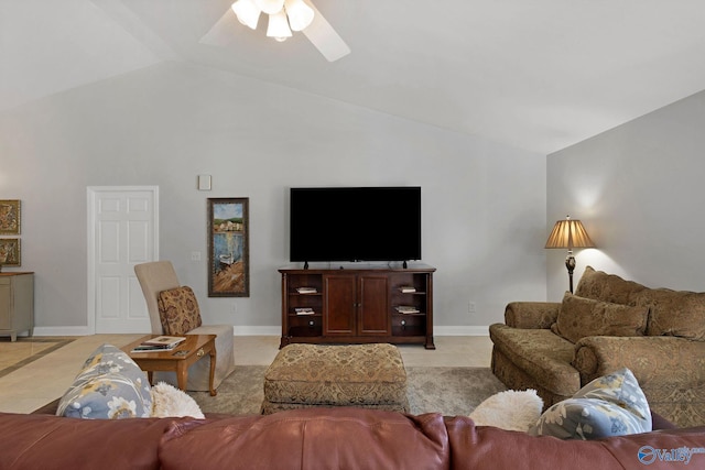 living room featuring ceiling fan and lofted ceiling