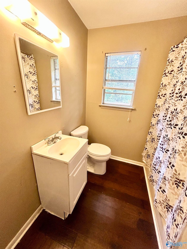 bathroom featuring vanity, toilet, and hardwood / wood-style floors