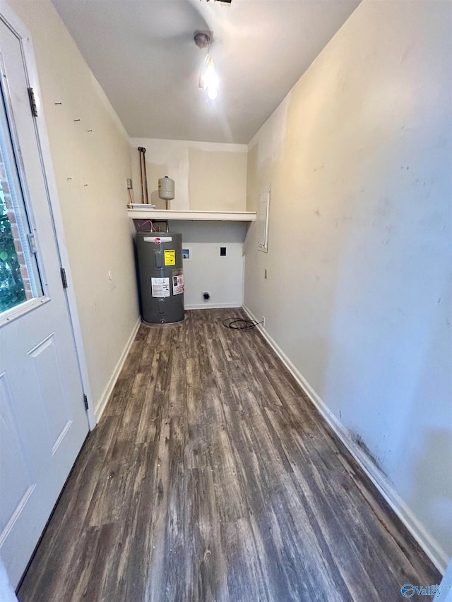 clothes washing area with hookup for an electric dryer, electric water heater, and dark hardwood / wood-style flooring