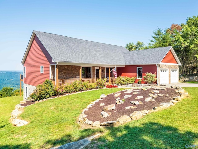 single story home with a garage, a porch, and a front lawn