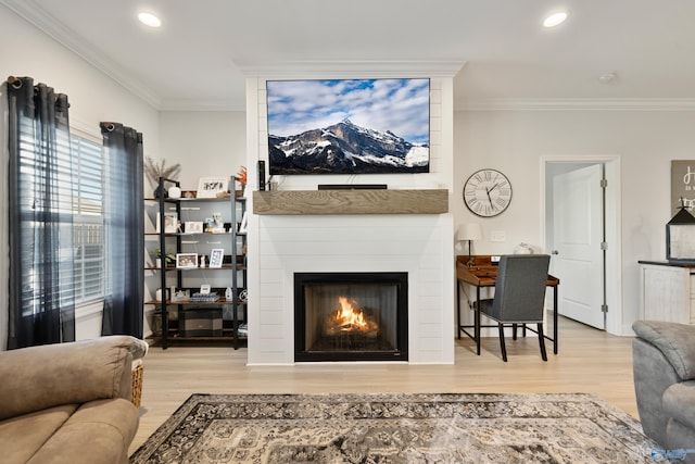 living room with wood-type flooring, a large fireplace, and crown molding