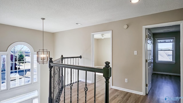 corridor with a textured ceiling, plenty of natural light, dark hardwood / wood-style floors, and a chandelier