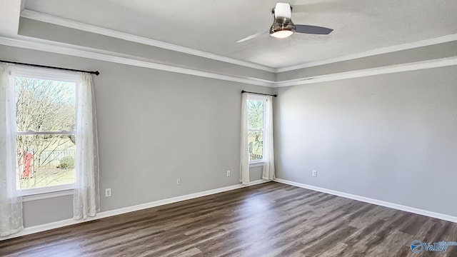 unfurnished room with crown molding, ceiling fan, and dark wood-type flooring