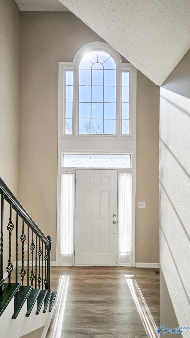 entrance foyer with wood-type flooring, high vaulted ceiling, and a wealth of natural light