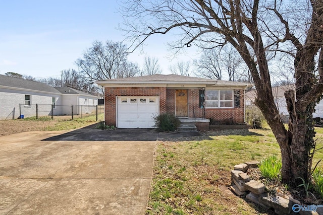 view of front of home with driveway, a garage, fence, and brick siding