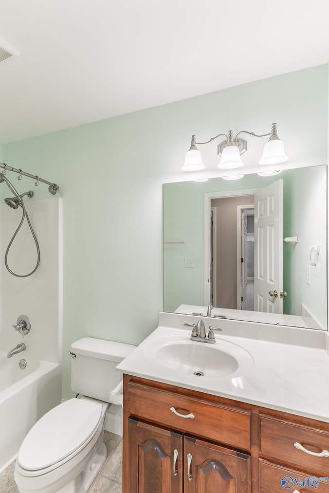 full bathroom with vanity, toilet, tile patterned floors, and bathtub / shower combination