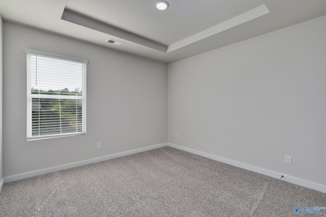 unfurnished room featuring a tray ceiling and carpet