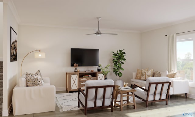 living room featuring hardwood / wood-style flooring, ornamental molding, and ceiling fan