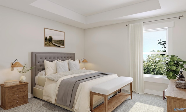 bedroom with a raised ceiling and light carpet