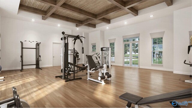 workout area with wood ceiling, coffered ceiling, and light hardwood / wood-style flooring