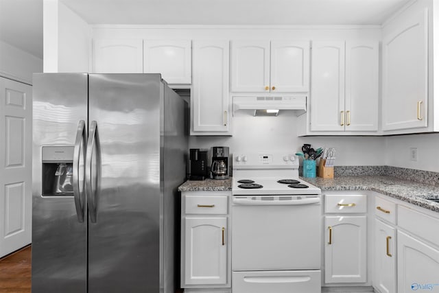 kitchen featuring white cabinetry, stainless steel fridge, under cabinet range hood, and white range with electric stovetop