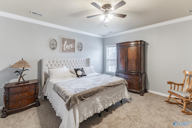 bedroom featuring ceiling fan, crown molding, and light carpet