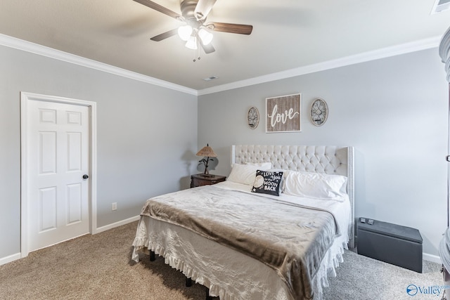 bedroom with carpet floors, ceiling fan, and crown molding