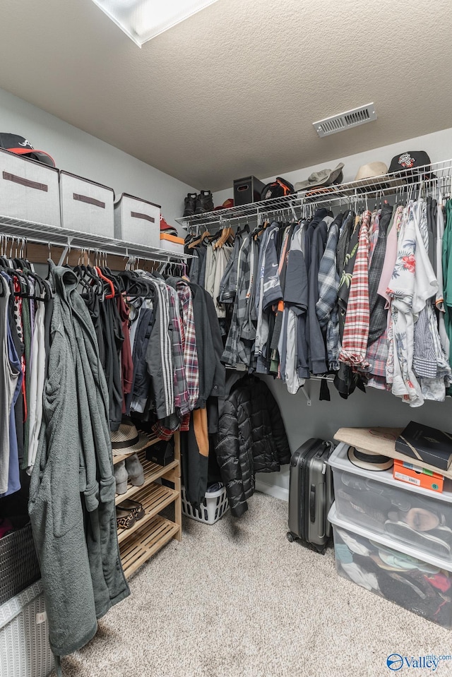 walk in closet with light carpet