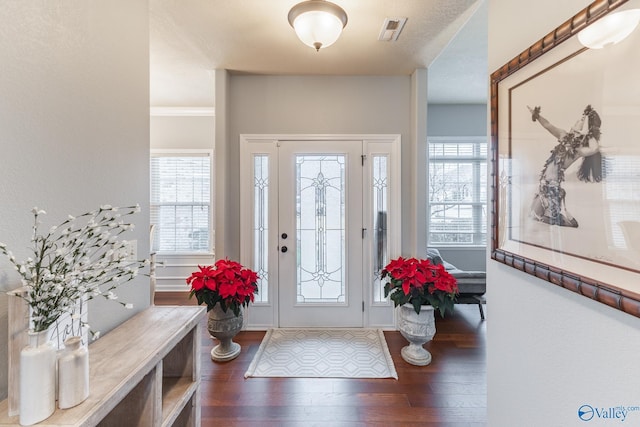 foyer entrance featuring plenty of natural light, dark hardwood / wood-style floors, and ornamental molding