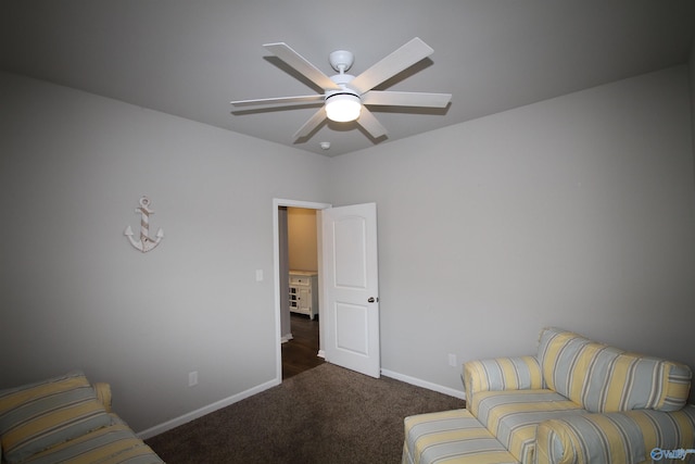 living area with baseboards, carpet flooring, and ceiling fan
