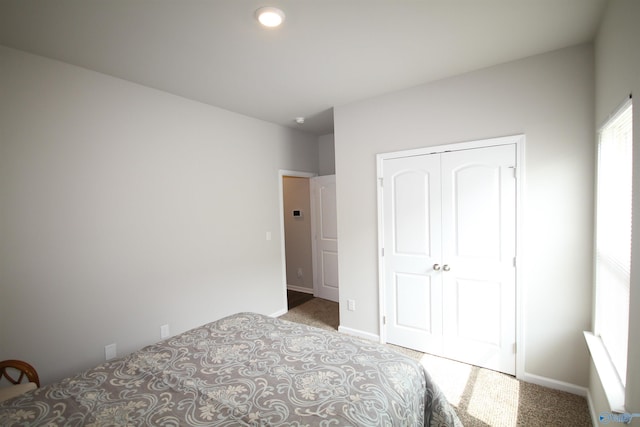 unfurnished bedroom with carpet flooring, baseboards, and a closet