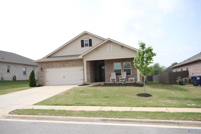 view of front of home featuring fence, an attached garage, brick siding, concrete driveway, and covered porch