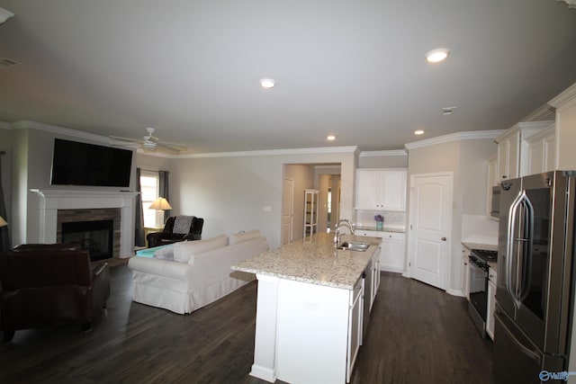 kitchen with light stone countertops, open floor plan, a sink, dark wood finished floors, and stainless steel appliances