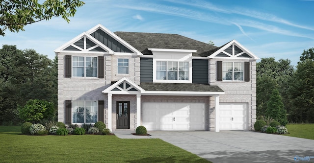 view of front of home featuring a garage, driveway, roof with shingles, a front lawn, and board and batten siding