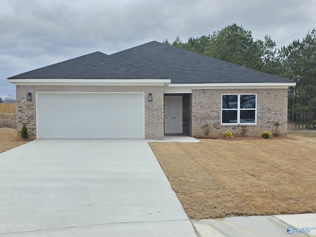 ranch-style home with an attached garage, brick siding, driveway, and roof with shingles