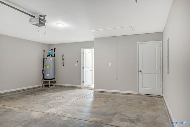 garage featuring electric water heater, a garage door opener, and baseboards