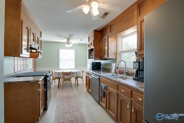 kitchen with sink, plenty of natural light, stainless steel appliances, and a textured ceiling