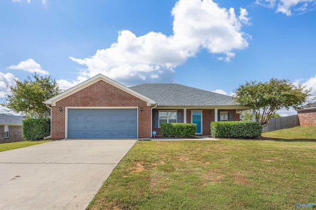 ranch-style home with a garage and a front lawn