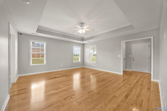 spare room with ceiling fan, a raised ceiling, and plenty of natural light