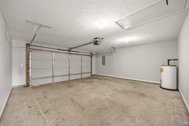 garage with water heater, a garage door opener, and electric panel