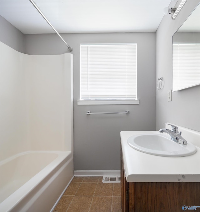 bathroom featuring vanity, tub / shower combination, and tile patterned floors