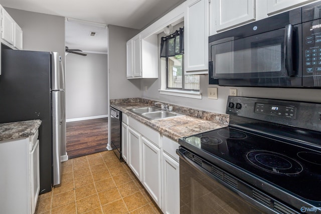 kitchen featuring sink, ceiling fan, white cabinetry, black appliances, and light tile patterned flooring