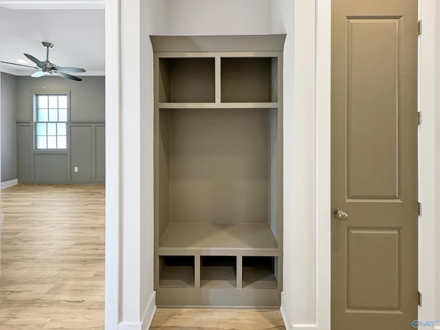 mudroom featuring ceiling fan and light wood-type flooring