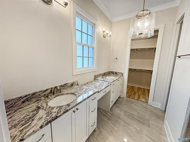 bathroom with wood-type flooring, crown molding, and dual bowl vanity