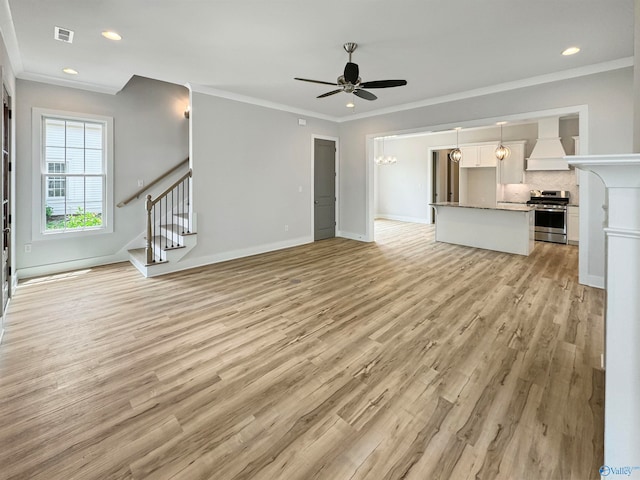 unfurnished living room featuring light hardwood / wood-style flooring, crown molding, and ceiling fan