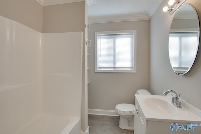 full bathroom featuring toilet, vanity, ornamental molding, and shower / washtub combination