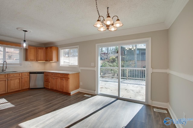 kitchen with sink, hanging light fixtures, stainless steel dishwasher, and a healthy amount of sunlight