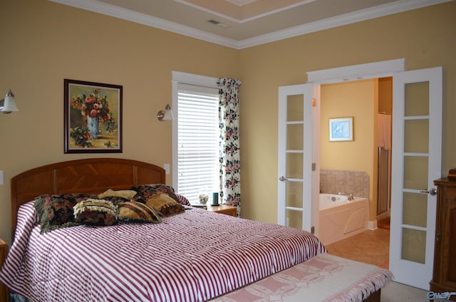 tiled bedroom with ornamental molding, french doors, and visible vents