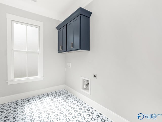 laundry area with cabinets, a healthy amount of sunlight, hookup for a washing machine, and electric dryer hookup