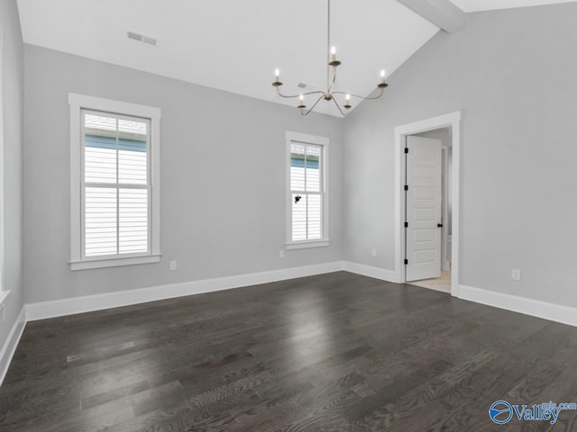 empty room with vaulted ceiling with beams, dark wood-type flooring, and an inviting chandelier